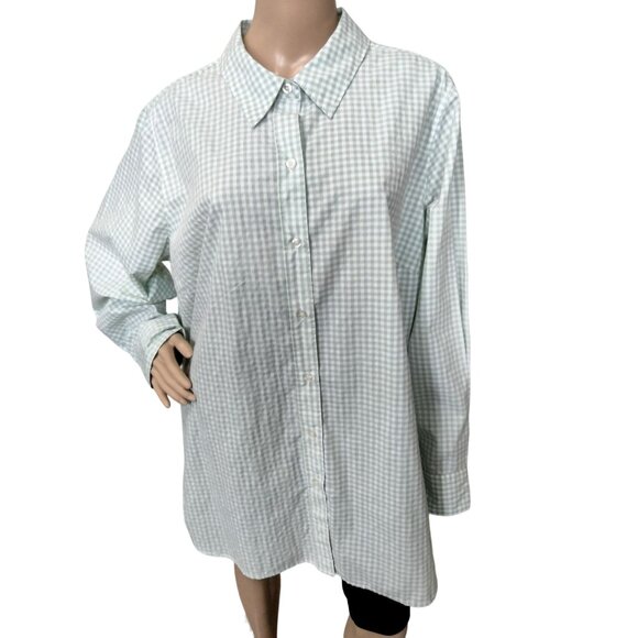 Woman Within Plus Size 1X Light Green White Gingham Button-Up Long Sleeve Shirt - Picture 3 of 10